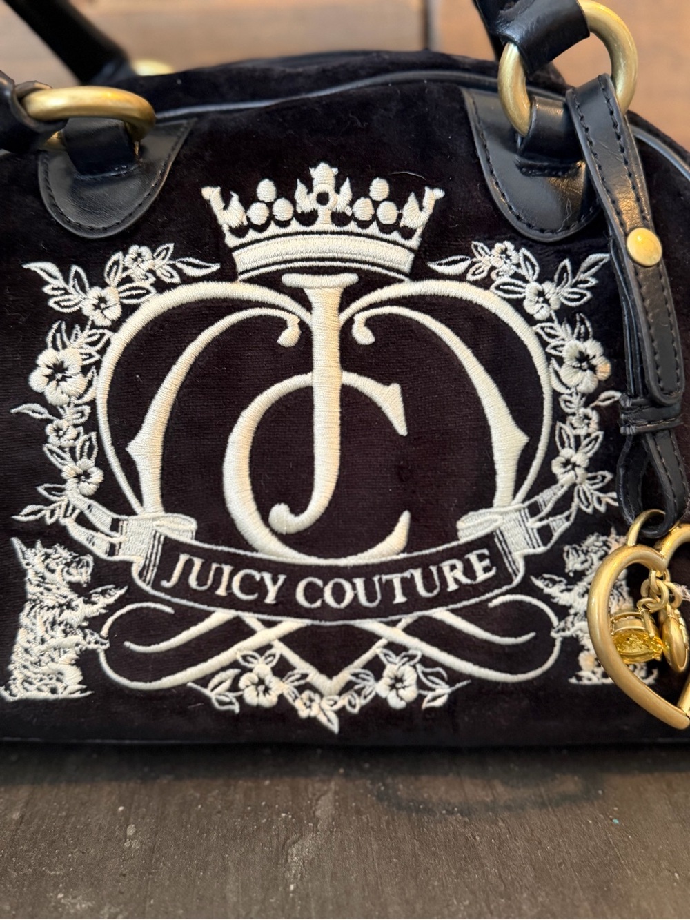 Juicy Couture Black Velvet Logo Satchel with Heart Charm - Picture 4 of 8